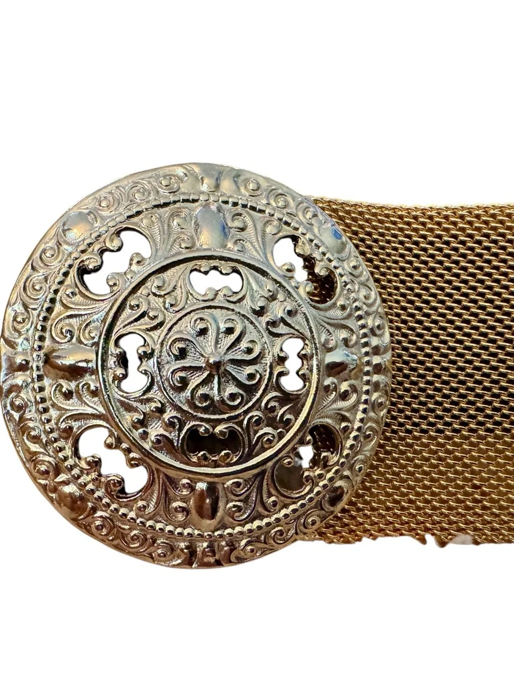 Vtg 90s Black Suede Ornate Gold Medallion Statement Waist Belt Sz S/M Leather